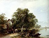 River Canvas Paintings - River Landscape With Figures Loading A Boat